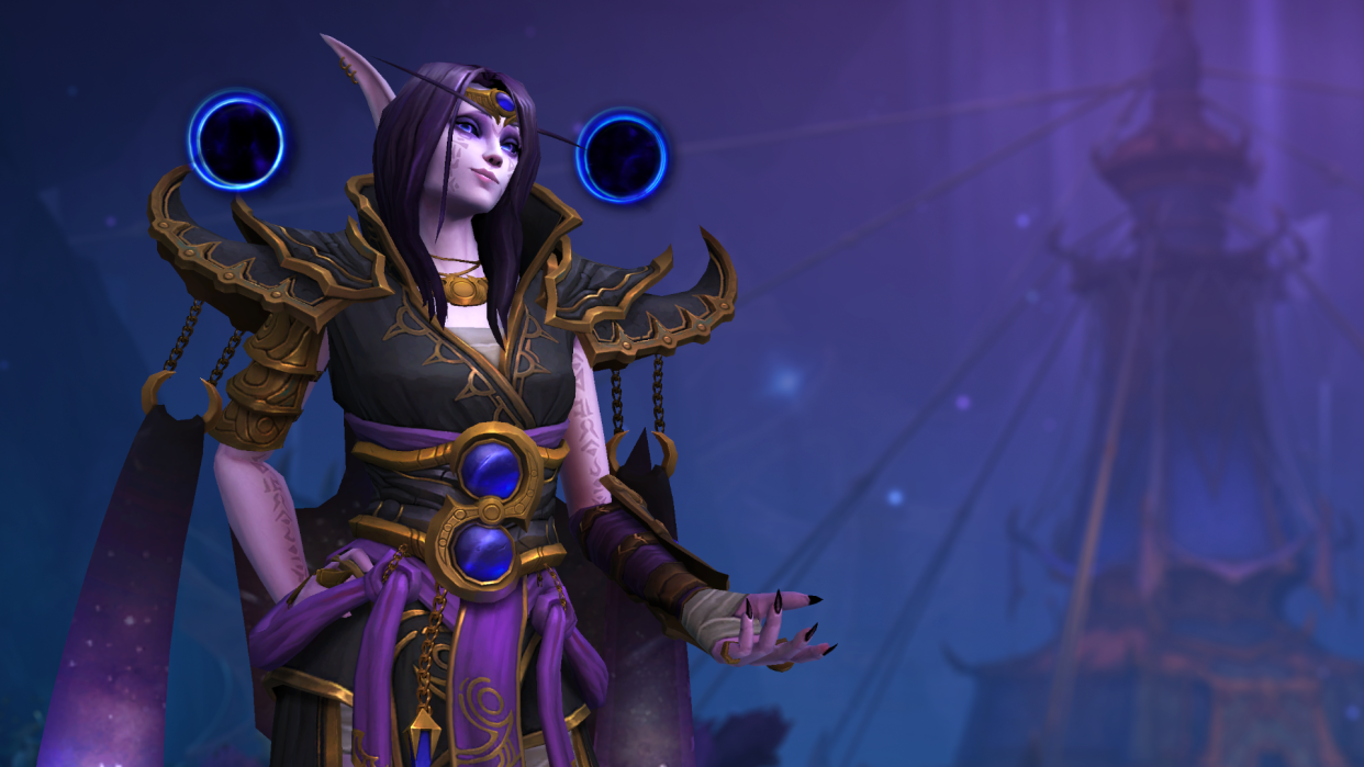  The central antagonist of World of Warcraft: The War Within, Xal'atath, stands poised in a smug and self-assured way. 