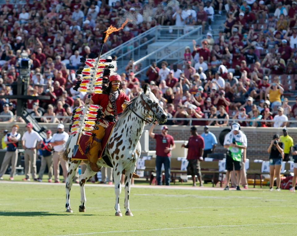 Florida State mascot Chief Osceola sits atop Renegade at Doak Campbell Stadium prior to the team's game against Louisiana Monroe.