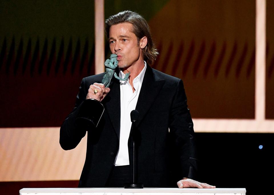 <strong>"I gotta add this to my Tinder profile."</strong> — Brad Pitt, prompting single women everywhere to <a href="https://people.com/movies/sag-awards-2020-outstanding-performance-by-a-male-actor-in-a-supporting-role-brad-pitt-win/" rel="nofollow noopener" target="_blank" data-ylk="slk:download the dating app;elm:context_link;itc:0;sec:content-canvas" class="link ">download the dating app</a>, during his acceptance speech for outstanding performance by a male actor in a supporting role for his turn in <em>Once Upon A Time... In Hollywood </em>