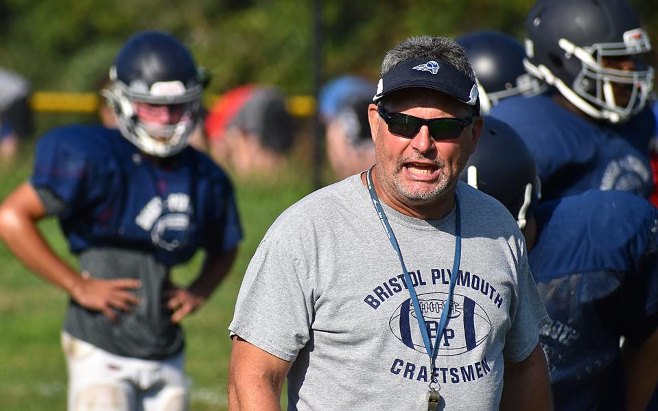 Bristol-Plymouth head coach John Parris during a football practice on August 25, 2022.