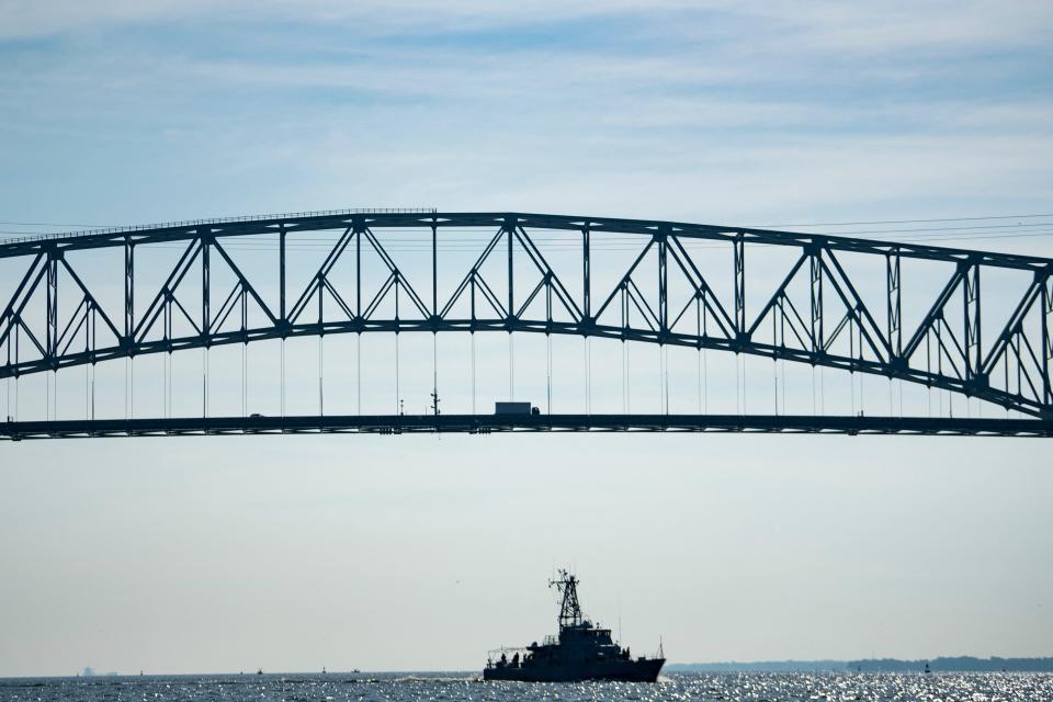 A tuck crosses Francis Scott Key Bridge on October 14, 2021, in Baltimore, Maryland.