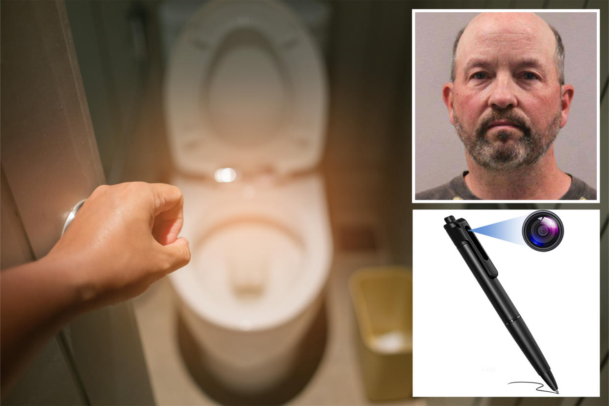 A composite photo of a toilet in a restroom, a photo of defendant John Towers and a ballpoint pen-like camera.