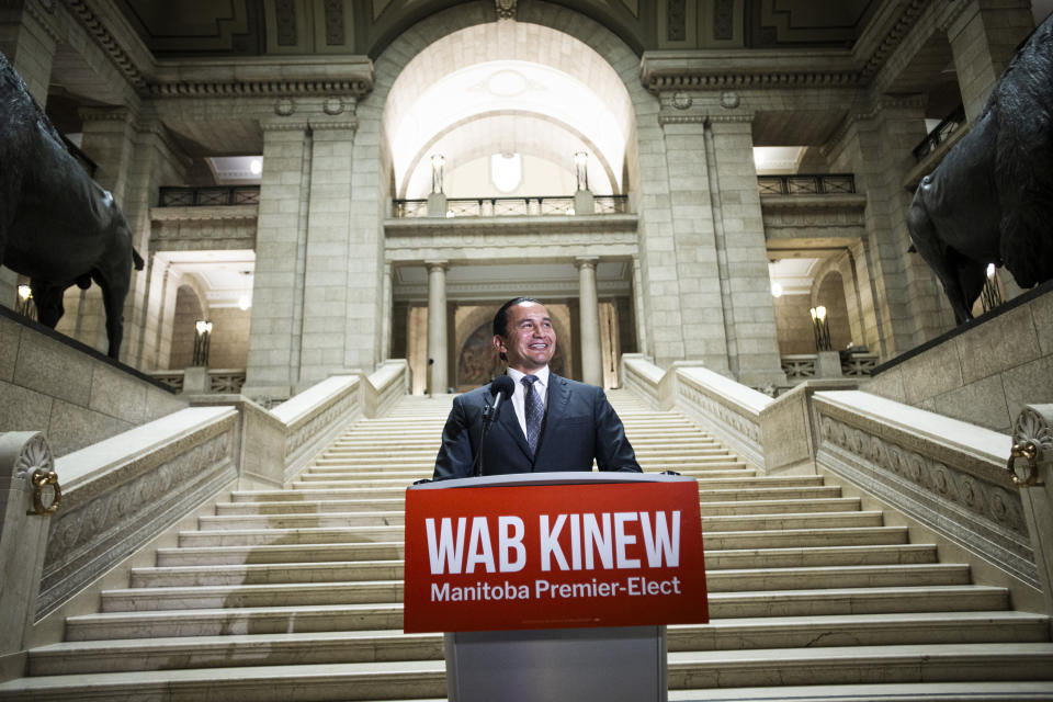 Manitoba Premier-elect Wab Kinew holds a press conference in Winnipeg, Manitoba, Wednesday, Oct. 4, 2023. (Aaron Vincent Elkaim/The Canadian Press via AP)