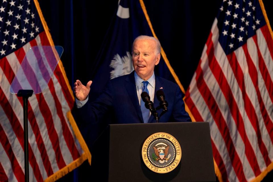 President Joe Biden speaks during an appearance at the South Carolina Democratic Party’s First-in-the-Nation Celebration Dinner on Jan. 27, 2024.