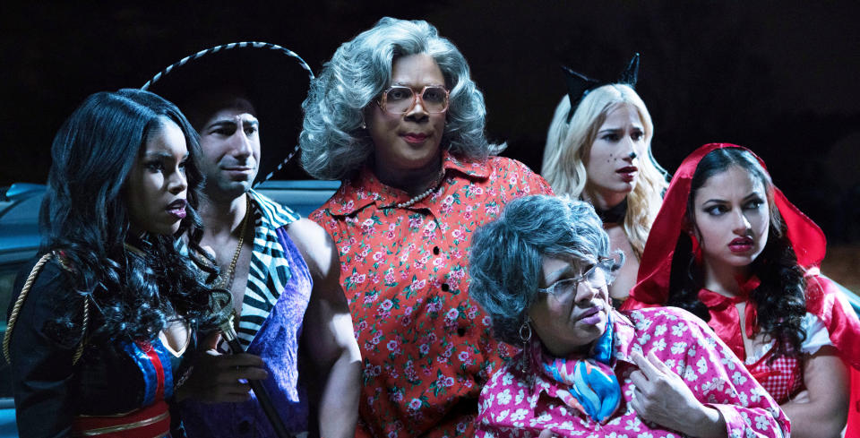 Diamond White, Yousef Erakat, Tyler Perry, Patrice Lovely, Lexy Panterra, Inanna Sarkis dressed in Halloween costumes during a scene in "Boo 2! A Madea Halloween"