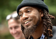 Carolina Panthers linebacker Shaq Thompson speaks to the media at NFL football training camp, Tuesday, July 27, 2021, at Wofford College in Spartanburg, S.C. (Jeff Siner/The Charlotte Observer via AP)