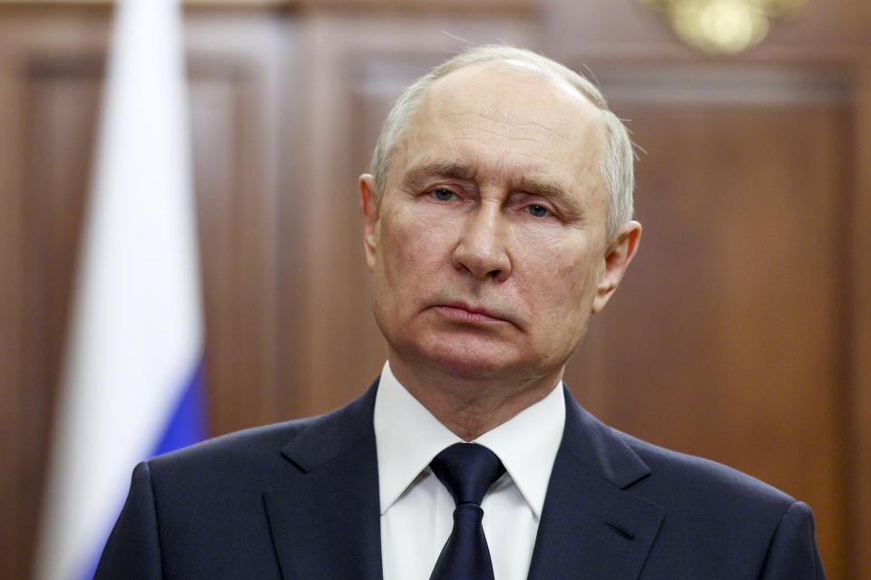 Russian President Vladimir Putin delivers his address to the nation in Moscow, Russia, Monday, June 26, 2023. (Gavriil Grigorov, Sputnik, Kremlin Pool Photo via AP)