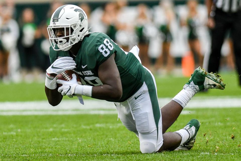 Michigan State's Trenton Gillison catches a pass Indiana's during the first quarter on Saturday, Sept. 28, 2019, in East Lansing.