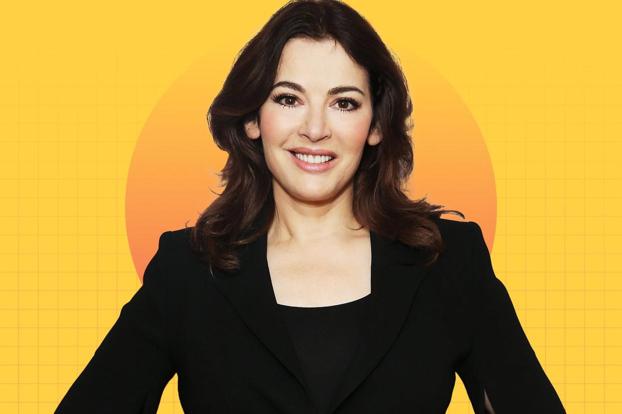 Nigella Lawson on a designed background