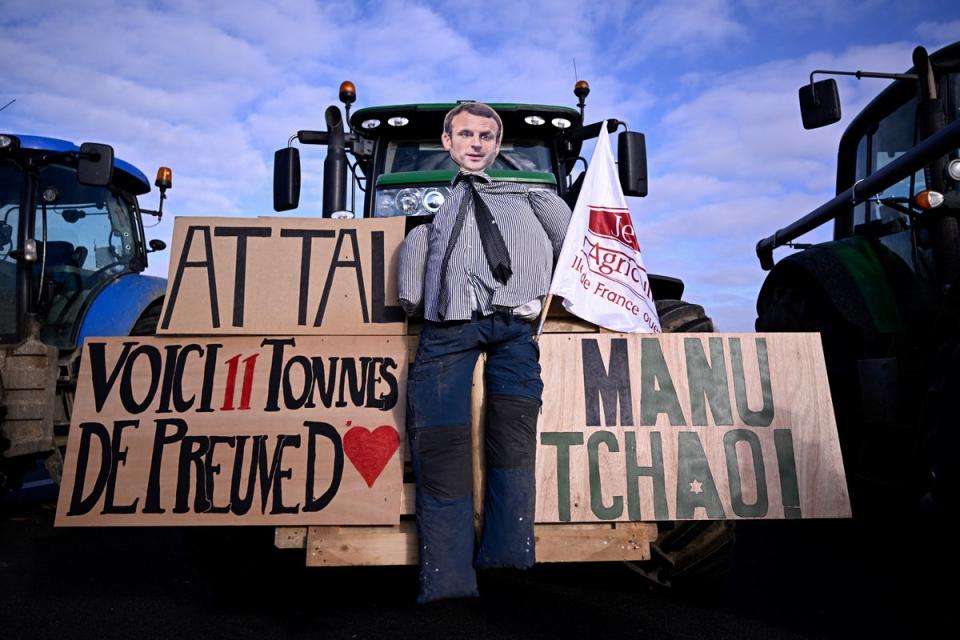 An effigy of French President Emmanuel Macron, northwest of Paris (AFP via Getty Images)