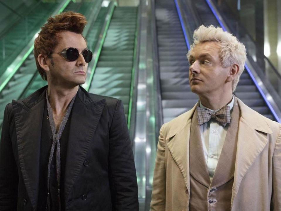 Good Omens starts with a warning. “Kids,” a Sixties-era television set floating through outer space beams, “causing Armageddon can be very dangerous. Do not attempt it in your own home.”With that simple message, writer Neil Gaiman sets the tone for what’s to come: a fantastical show filled with pithy comic lines and self-referential jokes right out of the Monty Python handbook. Gaiman wrote the source material with the late Terry Pratchett, and has managed to retain the whimsical humour that made the book – about an angel and demon who try to prevent the antichrist bringing about the apocalypse – so beloved. What’s more, Pratchett’s witty observations and footnotes – those same flourishes that distinguished his Discworld series from all other fantasy novels – are present throughout, thanks namely to Frances McDormand’s fourth-wall breaking narration as an ineffable God. The story starts with the creation of the universe and the beginning of mankind. McDormand’s God explains that around 6,000 years ago, Eve left the Garden of Eden with Adam. However, counter to the Bible’s telling of the story, Adam wielded a flaming sword that the angel Aziraphale (Michael Sheen) gave him. Meanwhile, the snake that tempted Eve to eat the cursed apple was actually the demon Crowley (David Tennant). The narrative jumps forward to the night Crowley is responsible for delivering the antichrist, a human baby (no hooves or tail), to a cult of satanic nuns. They are supposed to swap the infant devil with the child of an American ambassador (Nick Offerman) with the hope that the ambassador will raise the antichrist as his own. However, after some confusion, the wrong child ends up with the ambassador, and the antichrist – named Adam on the suggestion of a nun – grows up with a different family. Crowley and Aziraphale, though, are not aware of the mix-up and, after deciding neither of them wants to bring about the end of days, steer the wrong child (named Warlock) towards being normal.Gaiman holds nothing back, bringing his and Pratchett’s wonderfully obscure imaginations to the screen. He made a promise to Pratchett, before the author’s death in 2015, that he would make this adaptation happen, and he has fulfilled that promise admirably. Along with evil nuns, antichrists, angels and demons, the opening episode also features scenes in heaven, hell and St James’s Park – which God informs us is a favourite location for British intelligence officers to meet undercover. Sheen and Tennant anchor the episode as the central duo, and make for extremely entertaining company. Tennant’s portrayal of the reluctantly evil, sunglass-wearing demon is reminiscent of Bill Nighy in Love Actually: a swaggering, eccentric, borderline drunk performance that’s carefree. Sheen counters the bravado as the awkward angel, whose face often folds into itself whenever the conversation turns sour. Both actors fully commit to their roles, gamely wearing multiple silly costumes. Some of the wigs and visual effects may slip into uncanny valley territory at times, but director Douglas Mackinnon (Doctor Who) presents this as a stylistic choice – one that apes Terry Gilliam, who was initially approached to direct a film adaptation of the book. The result is a hugely enjoyable, imaginative premiere, as close to Pratchett’s vision as anyone could have dared dream. And while the melancholy tone may not be for everyone, fans of the book will surely be sated.