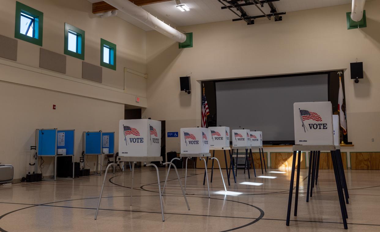 An empty polling place is set for voters to come and vote for the 2022 California Primary elections near the Martin Luther King Jr. Academy in Salinas, Calif., on Tuesday, June 7, 2022. 