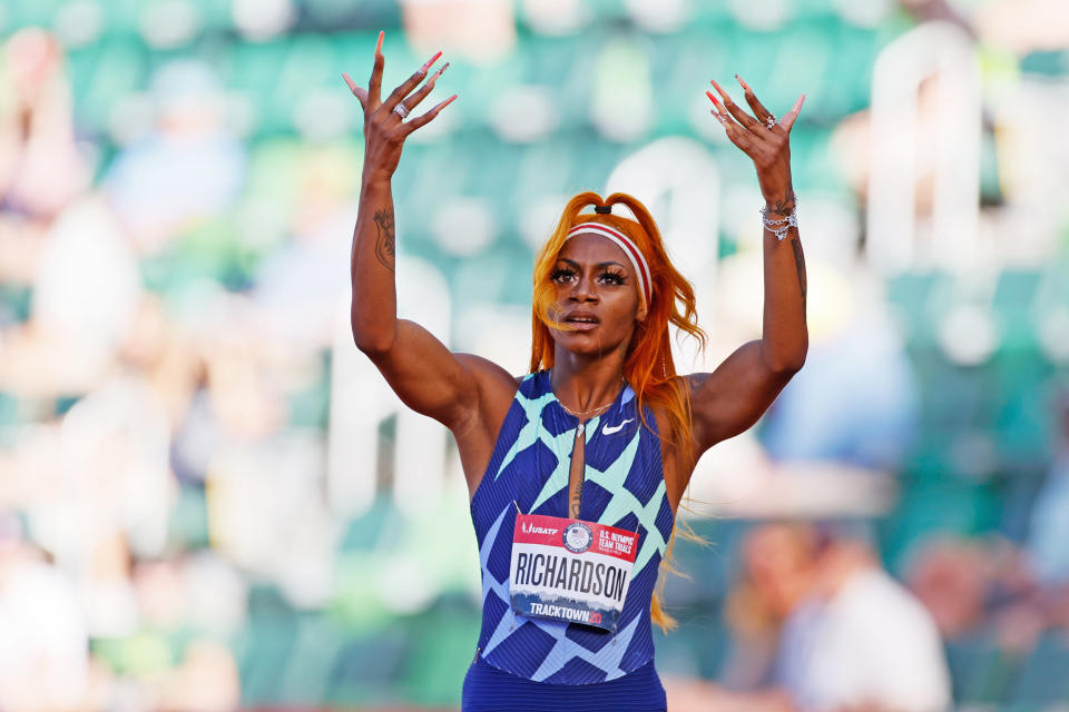 Sha'Carri Richardson reacts after competing in the Women's 100 Meter Semi-finals on the second day of the 2020 U.S. Olympic Track and Field Team Trials on June 19, 2021, in Eugene, Ore. (Steph Chambers / Getty Images)