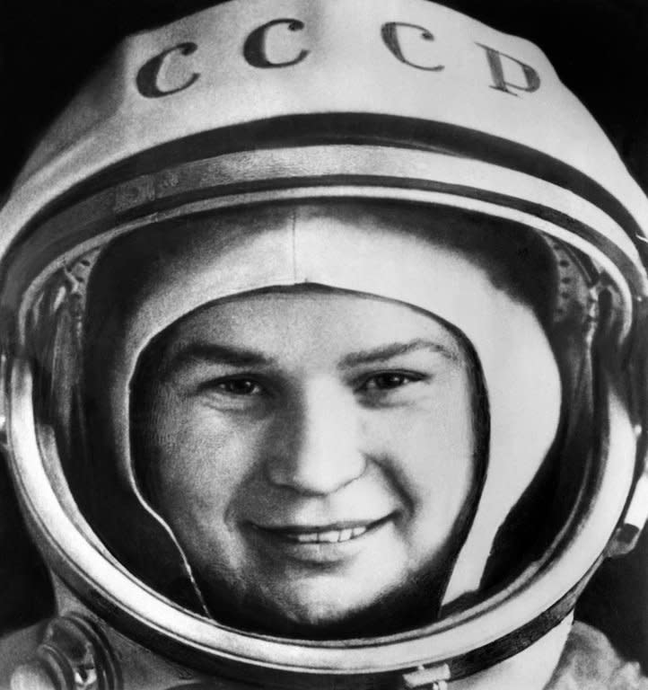 Russian cosmonaut Valentina Tereshkova poses for a photo before boarding Vostok-6, at Baikonur cosmodrome, on June 16, 1963. She became the first woman to fly into space