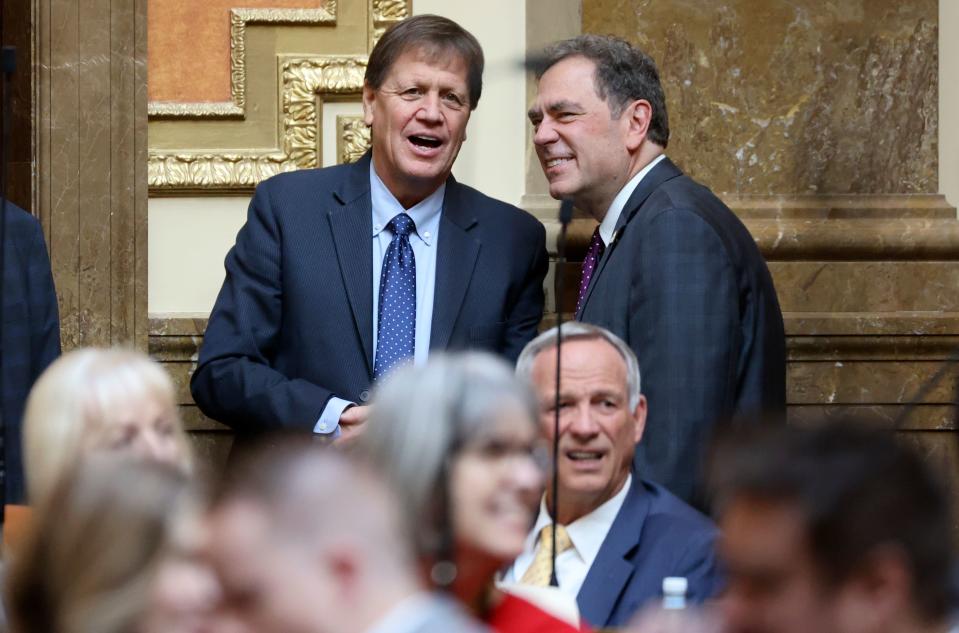 Rep. Keven Stratton, R-Orem, talks with Rep. Brian King, D-Salt Lake City, on the first day of the general legislative session in the House chamber at the Capitol in Salt Lake City on Tuesday, Jan. 16, 2024. | Kristin Murphy, Deseret News