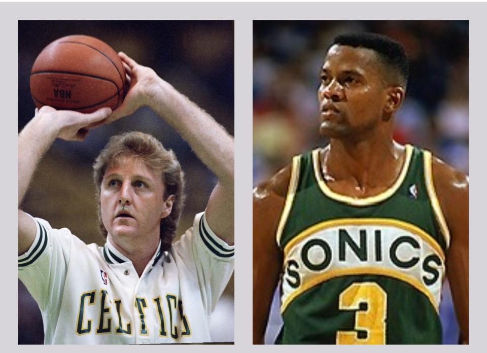 A photo illustration of Larry Bird (left) who won the 1988 NBA All-Star game 3-point contest and Dale Ellis (right) who came in second.