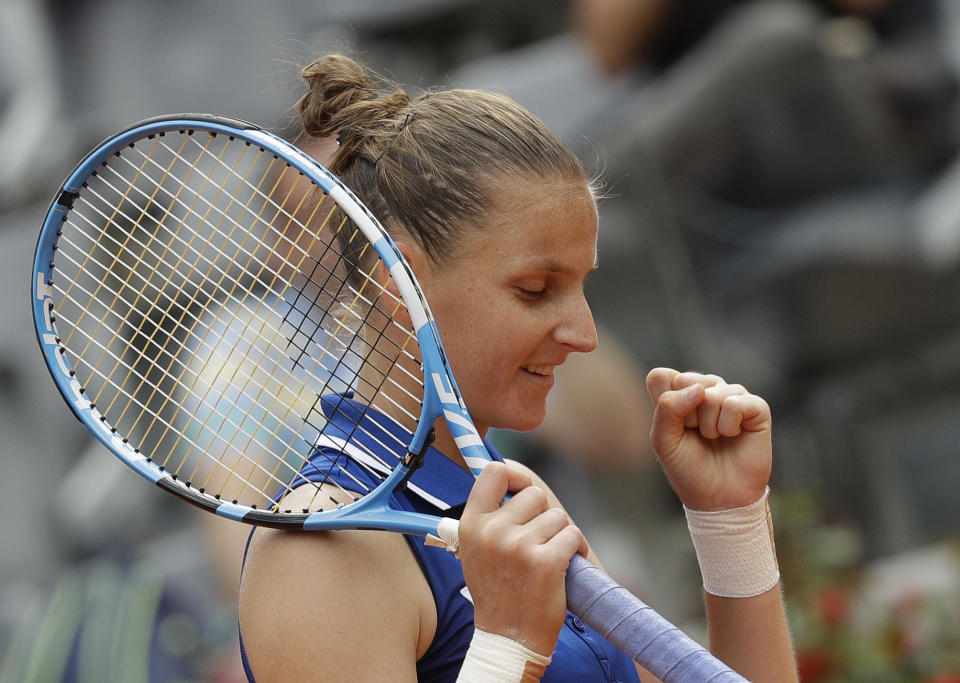 Karolina Pliskova, of the Czech Republic celebrates after beating Johanna Konta, of Britain in a final match at the Italian Open tennis tournament, in Rome, Sunday, May 19, 2019. Karolina Pliskova captured the biggest clay-clay-court title of her career by beating Johanna Konta 6-3, 6-4 Sunday in the Italian Open final. (AP Photo/Gregorio Borgia)