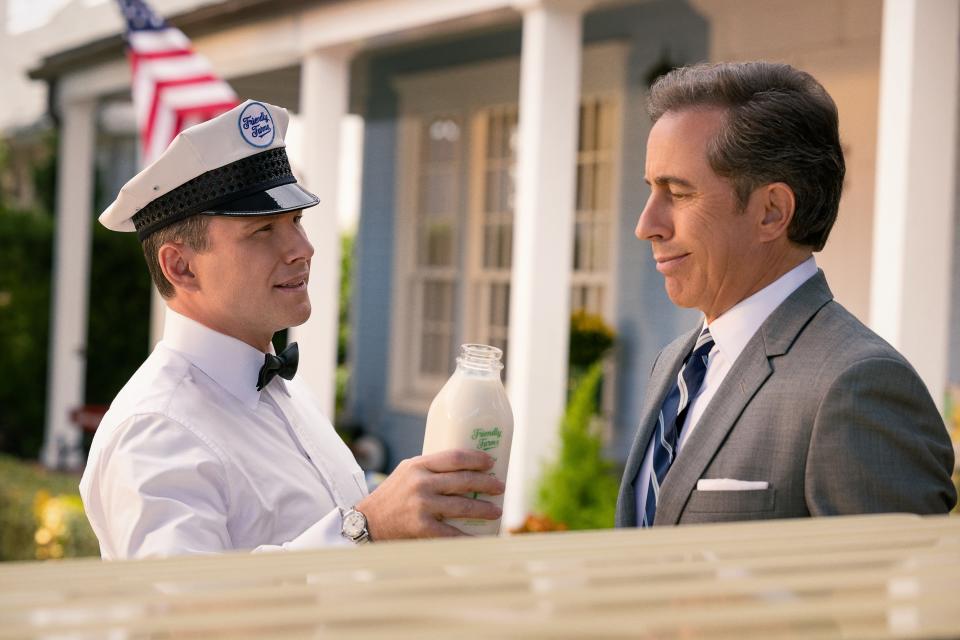 Bob Cabana (Jerry Seinfeld, right) has a run-in with shady milkman Mike Diamond (Christian Slater) in "Unfrosted."