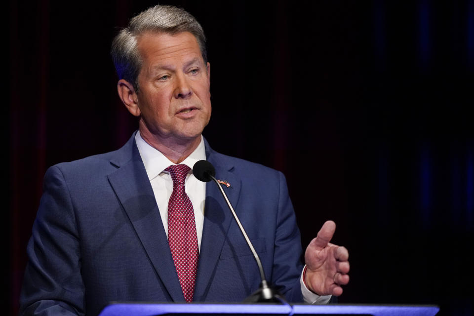 Georgia Gov. Brian Kemp speaks during a gubernatorial Republican primary debate, Sunday, May 1, 2022, in Atlanta. (AP Photo/Brynn Anderson, Pool)