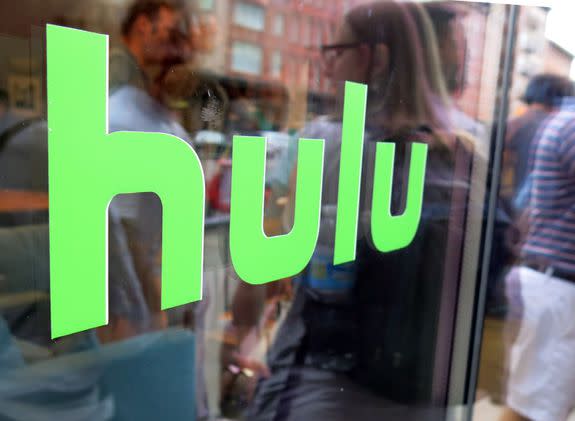 Hulu's logo on a window in New York City.