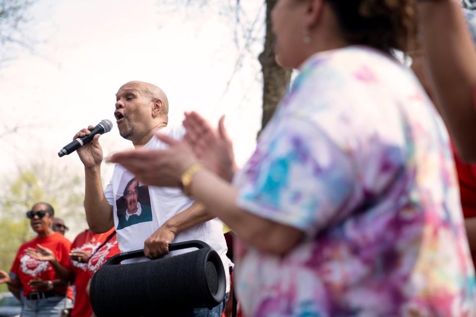 Rick Greene sings during a street renaming ceremony in honor of his father Lt. Freddy Greene in Teaneck on Friday, April 14, 2023. Lt. Freddy Greene was Teaneck's first Black policeman. 