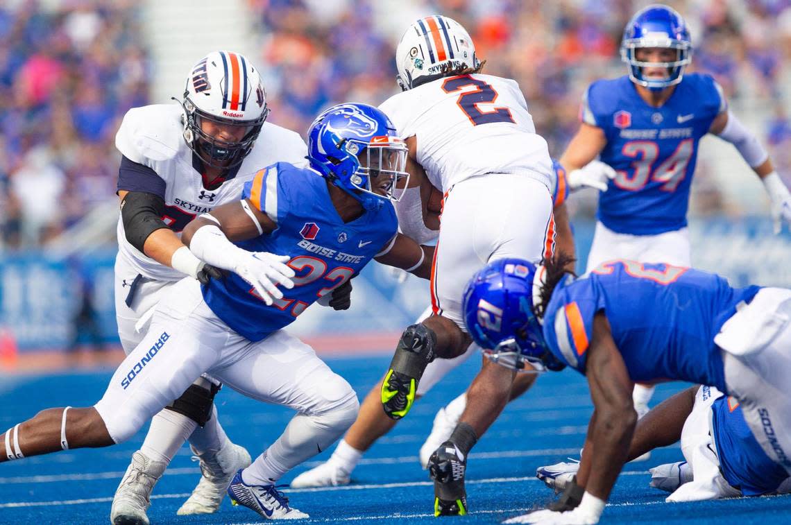 Boise State safety Seyi Oladipo makes a tackle on UT Martin running back Sam Franklin in the second half Saturday.