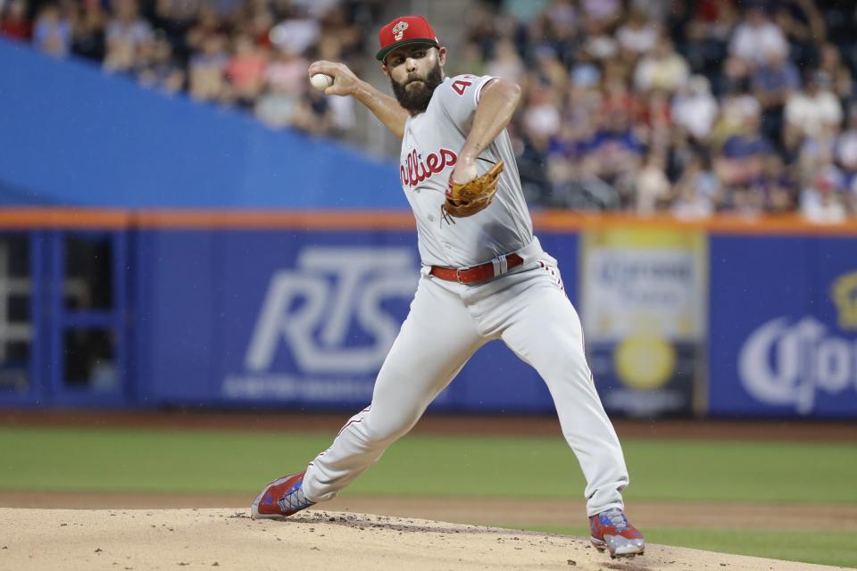 Philadelphia Phillies' Jake Arrieta delivers a pitch during the first inning of a baseball game against the New York Mets, Saturday, July 6, 2019, in New York. (AP Photo/Frank Franklin II)