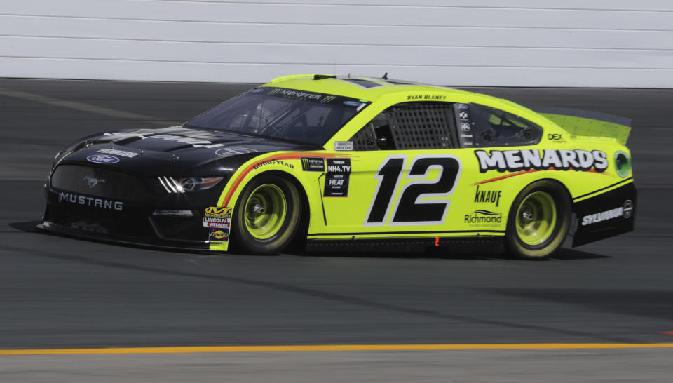 Ryan Blaney heads down the front stretch during a NASCAR Cup Series auto race practice at New Hampshire Motor Speedway in Loudon, N.H., Saturday, July 20, 2019. (AP Photo/Charles Krupa)