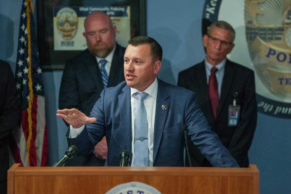 Deputy U.S Marshal Brandon Fill and other authorities talk about how they arrested Raul Meza, during a press conference on Tuesday, May 30, 2023. Raul Meza, is a convicted child killer who has been sought in the death this month of an 80-year-old Pflugerville man who had befriended him, police announced Tuesday, May 30, 2023.
