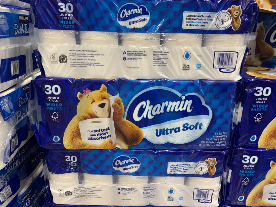 blue and white pack of charmin toilet paper at costco