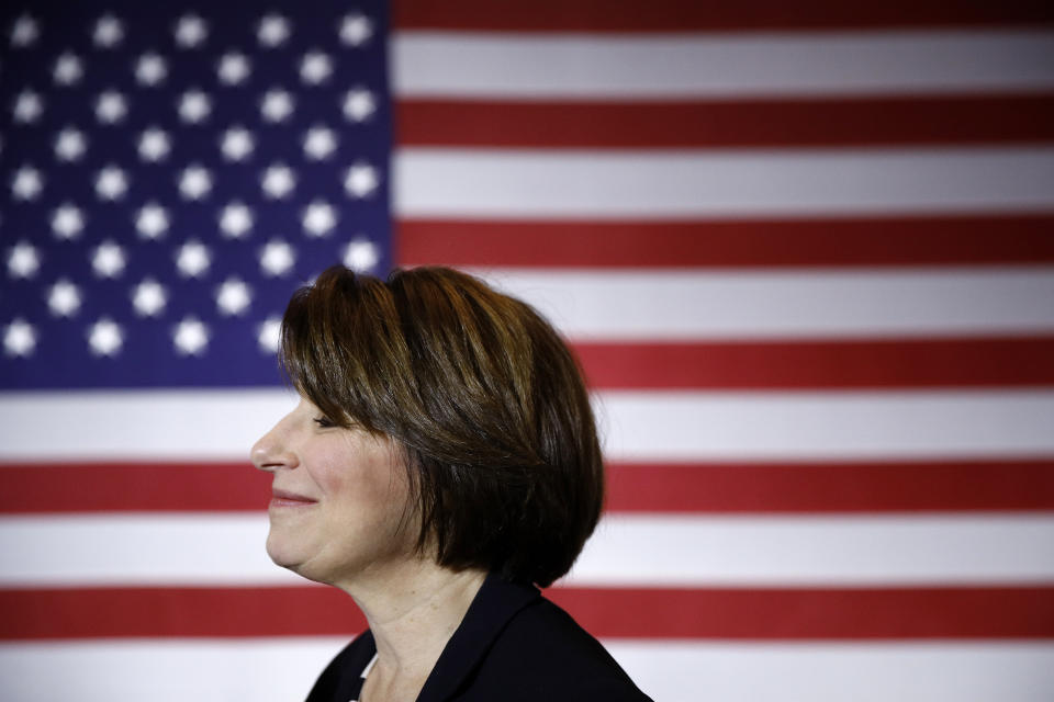 FILE - In this Jan. 10, 2020, file photo Democratic presidential candidate Sen. Amy Klobuchar, D-Minn., visits with attendees after speaking at a campaign event in Cedar Rapids, Iowa. Klobuchar ended her Democratic presidential campaign on Monday, March 2, and endorsed rival Joe Biden in an effort to unify moderate voters behind the former vice president's White House bid. (AP Photo/Patrick Semansky, File)