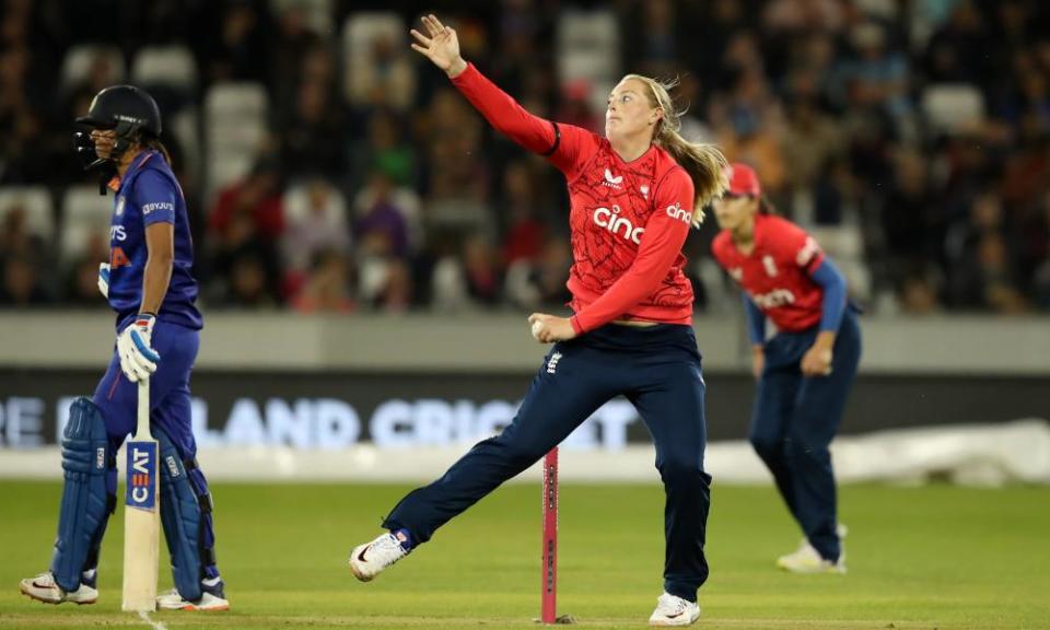 Sophie Ecclestone of England bowls during the 1st IT20 match between England and India in September 2022.