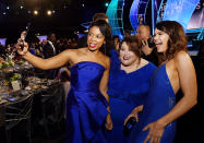 <p>Beauties in blue! The ladies of <em>This Is Us </em>posed for a matching selfie at 24th Annual Screen Actors Guild Awards on Sunday. They were all winners too — the show took home the award for Best Ensemble Cast in a Drama. (Photo: Kevin Winter/Getty Images for Turner Image) </p>