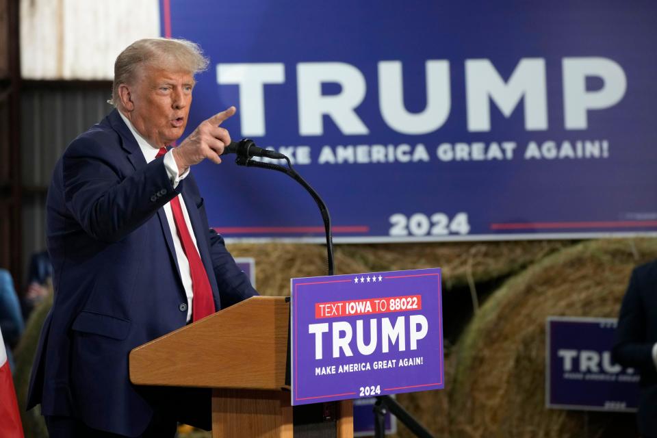 Former President Donald Trump speaks during a rally Oct. 16 in Adel.