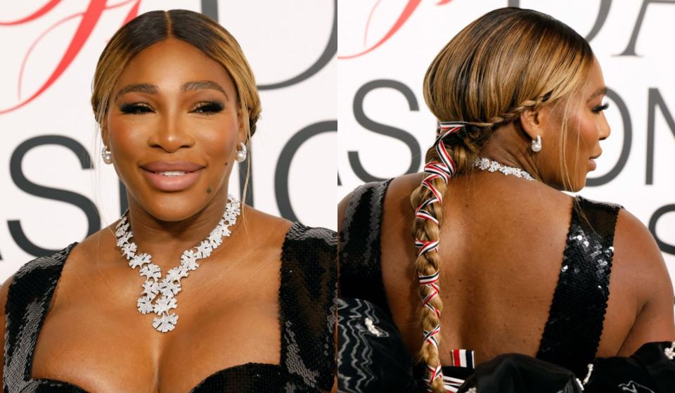 , serena williams hair and makeup beauty trends, thom browne hair braid, cfda awards 2023 red carpet, fashion icon award