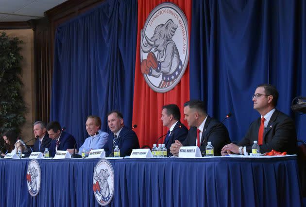 North Shores commentator Tudor Dixon, Metro Detroit business executive Kevin Rinke, Allendale real estate broker Ryan Kelley, Oakland County business executive Perry Johnson, state police Capt. Michael Brown, Oakland County pastor Ralph Rebandt, Mattawan chiropractor Garrett Soldano and Grand Haven financial adviser Michael Markey participate in the Livingston County Republican Party GOP Gubernatorial debate in Howell, Mich., on May 12. (Photo: Todd McInturf/Detroit News via Associated Press)