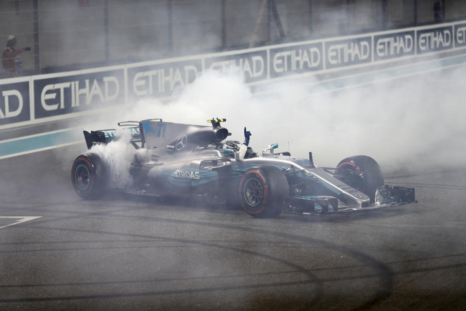 Spin tryer: As much action as you’re likely to see from the normally understated Valtteri Bottas, celebrating his win at the 2017 Abu Dhabi Grand Prix