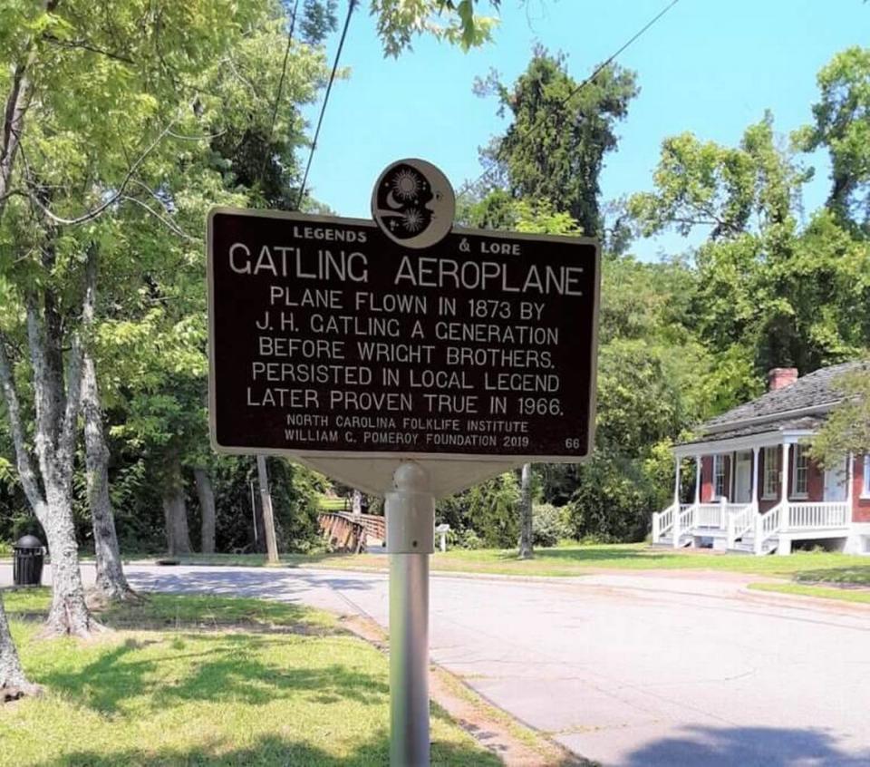 A marker in the Pomeroy Foundation’s “Legends & Lore” program notes that Henry Gatling built and launched an “aeroplane” in Hertford County decades before the Wright Brothers’ successful flight on the Outer Banks.