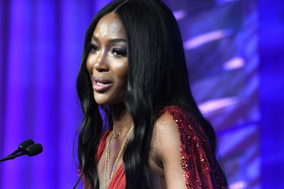 NEW YORK, NEW YORK - FEBRUARY 01: Event honoree Naomi Campbell speaks onstage during the Human Rights Campaign's 19th Annual Greater New York Gala at the Marriott Marquis Hotel on February 01, 2020 in New York City. (Photo by Gary Gershoff/Getty Images)