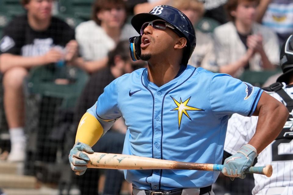 Rays outfielder Richie Palacios reacts after striking out against the White Sox.