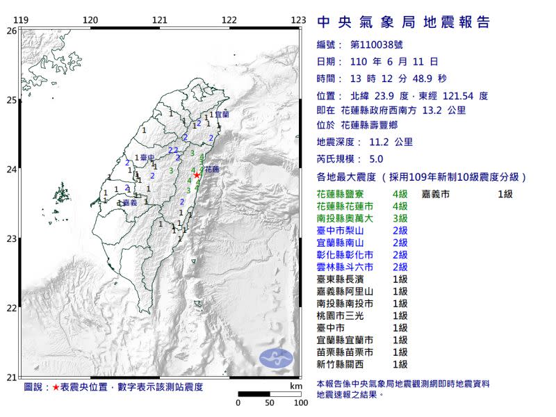 ▲今（11）日下午13點12分，花蓮發生芮氏規模5.0有感地震。（圖／氣象局）