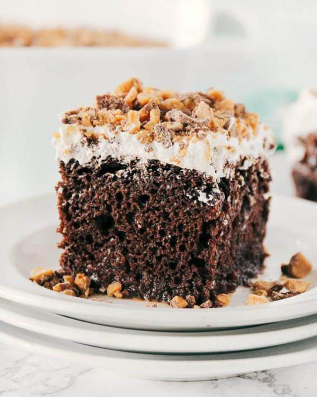 <p>I Heart Naptime</p><p>This easy sheet cake has a rich chocolate base and is infused with caramel and sweetened condensed milk. To top it all off, you’ll add some whipped topping and toffee bits. How easy is that?</p><p><strong>Get the recipe: </strong><a href="https://www.iheartnaptime.net/better-than-anything-cake/" rel="nofollow noopener" target="_blank" data-ylk="slk:Better Than Anything Cake;elm:context_link;itc:0;sec:content-canvas" class="link "><strong>Better Than Anything Cake</strong></a></p>