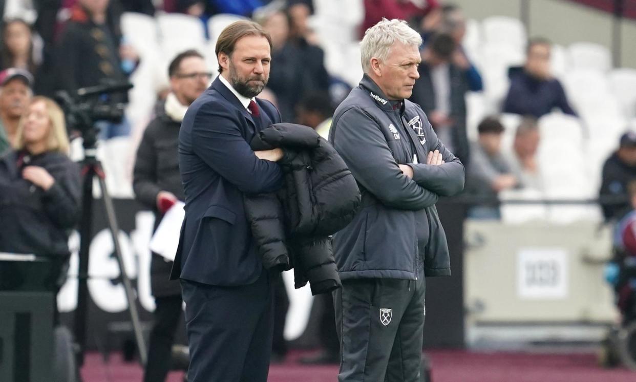 <span>West Ham manager David Moyes (right) and technical director Tim Steidten before the home defeat to Arsenal in February.</span><span>Photograph: Adam Davy/PA</span>