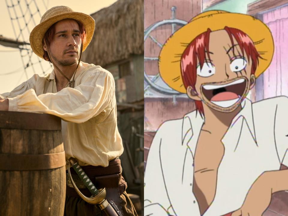 left: peter gadiot as shanks in netflix's one piece, leaning on a barrel and wearing a straw hat; right: shanks in the one piece anime, leaning on a bar with the hat on his head