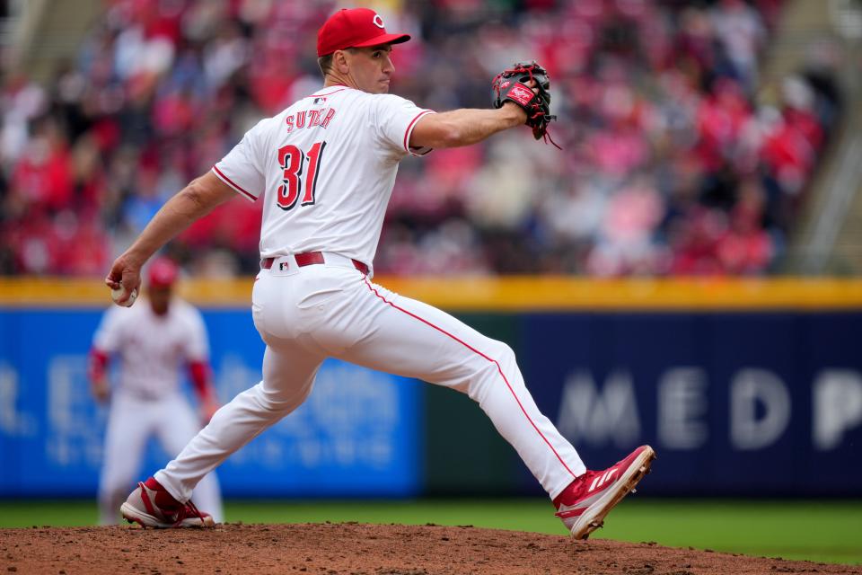 Brent Suter, shown pitching Sunday against the Angels, pitched a 1-2-3 eighth inning in Wednesday's 7-4 victory over the Phillies. That extended Suter's scoreless streak  to 13 1/3 innings, the longest active streak among major league relievers.