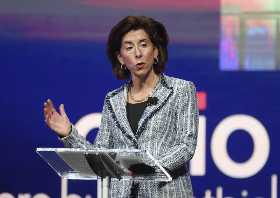 FILE - U.S. Secretary of Commerce Gina Raimondo speaks during the announcement on Friday Jan. 21, 2022 in Newark, Ohio, that Intel will invest $20 billion to build two computer chip factories on a 1,000-acre site in Licking County, Ohio, just east of Columbus.  The U.S. supply of computer chips has fallen to alarmingly low levels, raising the prospect of factory shutdowns, the Commerce Department reported Tuesday, Jan. 25.(AP Photo/Paul Vernon, FILE)