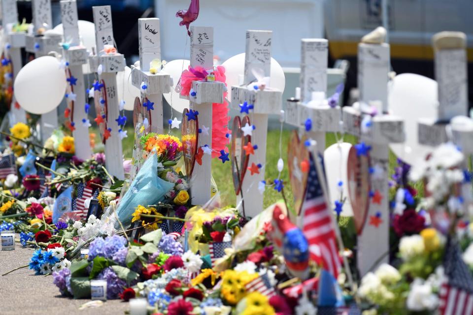 A memorial at the Municipal Center on Monday, June 3, 2019, for the victims of a mass shooting that killed 12 in Virginia Beach, Va.