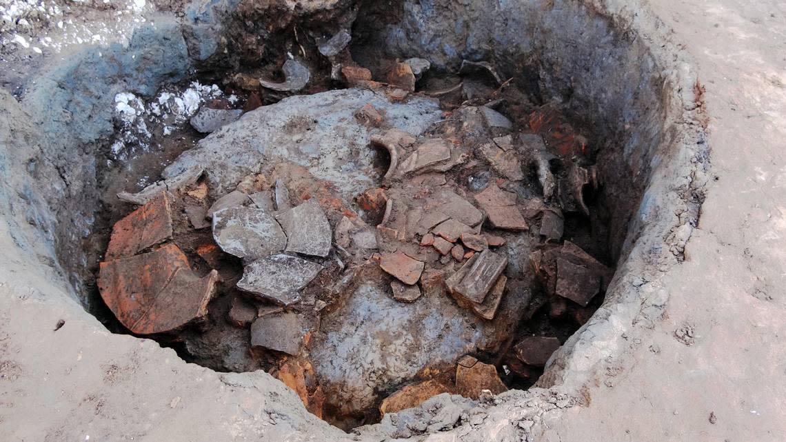 Experts think some of the shards could be left from the last batch of ceramics made in the kiln.