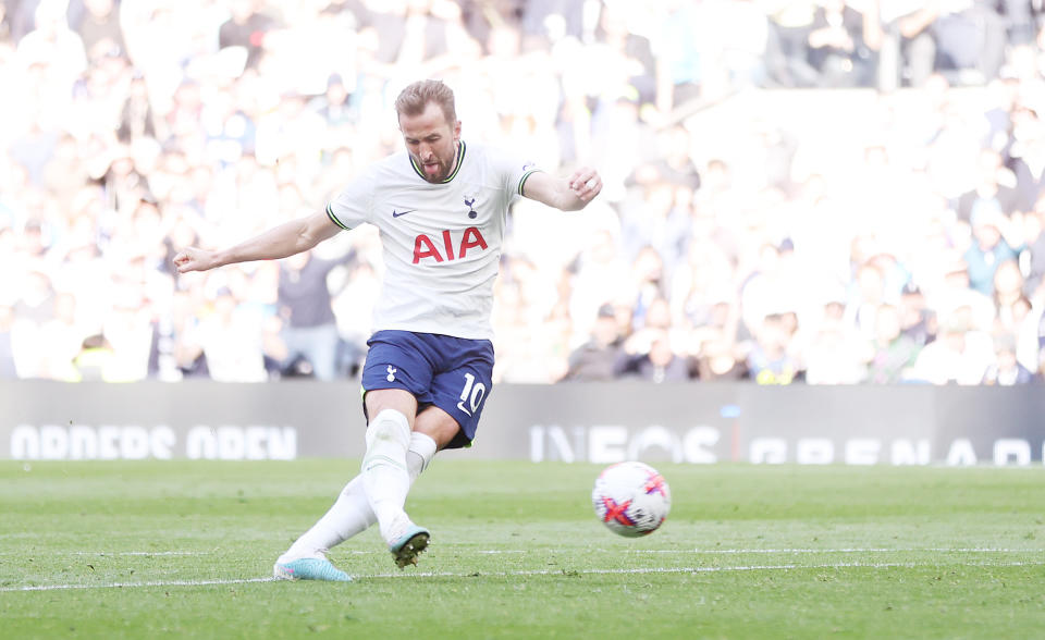 LONDON, ENGLAND - APRIL 08: Harry Kane of Tottenham Hotspur scores their first goal during the Premier League match between Tottenham Hotspur and Brighton & Hove Albion at Tottenham Hotspur Stadium on April 08, 2023 in London, England. (Photo by Tottenham Hotspur FC/Tottenham Hotspur FC via Getty Images)