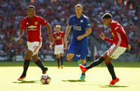 Football Soccer Britain - Leicester City v Manchester United - FA Community Shield - Wembley Stadium - 7/8/16 Manchester United's Jesse Lingard scores their first goal Action Images via Reuters / John Sibley Livepic EDITORIAL USE ONLY. No use with unauthorized audio, video, data, fixture lists, club/league logos or "live" services. Online in-match use limited to 45 images, no video emulation. No use in betting, games or single club/league/player publications. Please contact your account representative for further details.